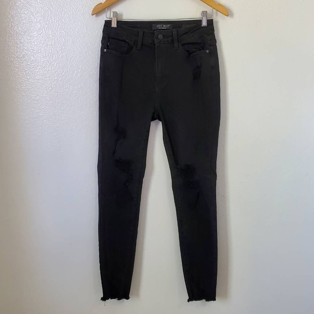 Judy Blue Jrs 5 Skinny Jeans Black Thrashed Distressed Frayed High Rise Stretch